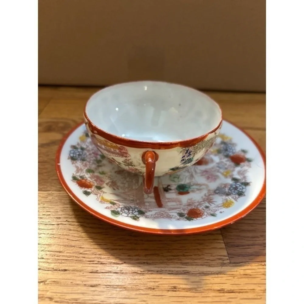 Vintage Japanese Eggshell Porcelain Tea Cup Saucer Mount Fuji Hand Painted